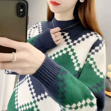 半高领毛衣女加厚打底衫2023秋冬新款宽松套头菱形针织衫内搭上衣商品大图
