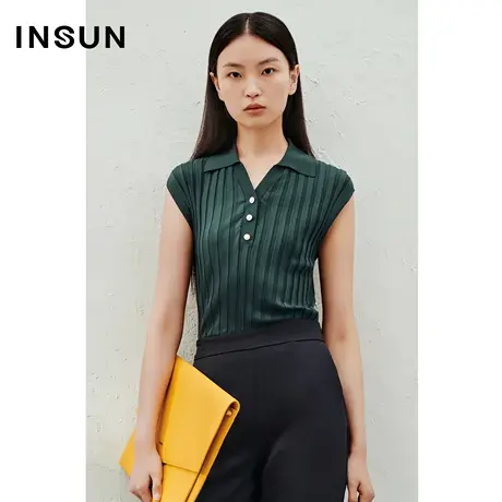 INSUN恩裳线上专选夏季柔软超细支坑条POLO领冰丝针织衫商品大图