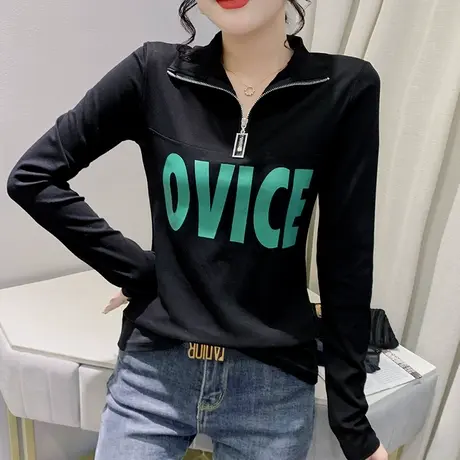 欧货翻领拉链长袖T恤女士设计感小众气质上衣别致修身百搭打底衫商品大图