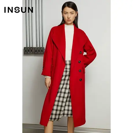 INSUN恩裳奥莱冬季红色长款毛呢外套图片