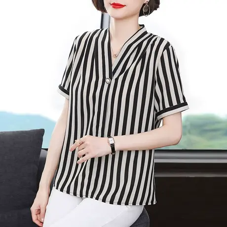 欧洲站2023年夏季新款短袖条纹雪纺衬衫女时尚别致V领套头衬衣女商品大图