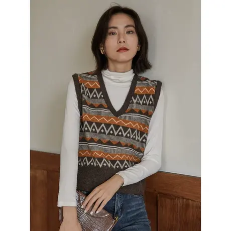 弥古民族风复古v领针织衫马甲女春秋外穿显瘦坎肩背心小马夹外搭商品大图