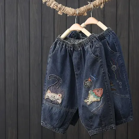 夏季新款文艺复古贴布刺绣五分牛仔裤女松紧腰宽松休闲哈伦裤中裤商品大图