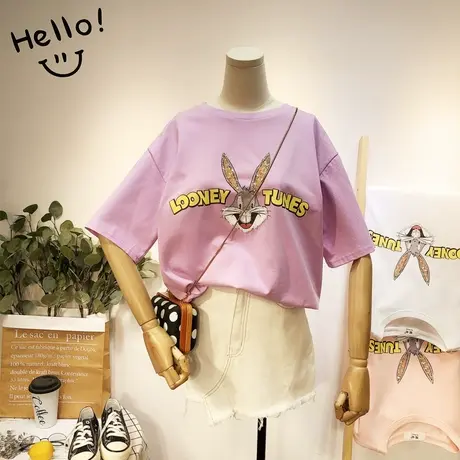 2020夏款香芋紫短袖女韩国东大门水钻亮片卡通T恤宽松大码欧货潮图片