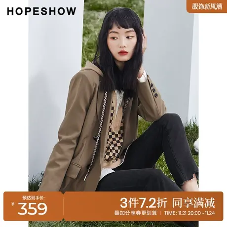 红袖outlets抽绳连帽外套hopeshow2023秋季新款女双排扣气质西装图片