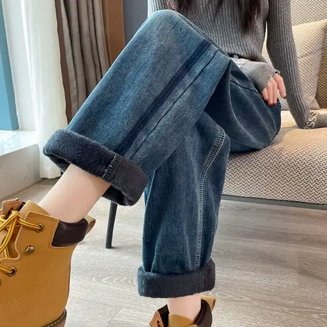 加绒牛仔裤女直筒宽松大码2023秋冬新款高腰小个子加厚阔腿老爹裤商品大图