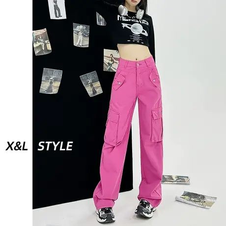 美式高街高腰工装牛仔裤女春秋2023年新款显瘦直筒宽松拖地阔腿裤图片