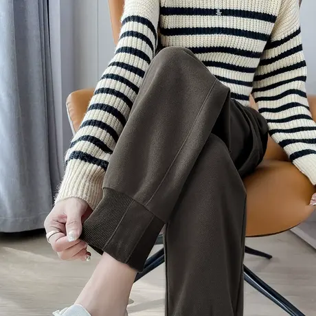 咖色毛呢工装裤女2024秋冬新款高腰小个子束脚美式休闲哈伦老爹裤图片