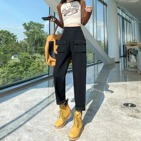 工装牛仔裤女2023年春秋新款高腰直筒宽松显瘦复古百搭哈伦老爹裤商品大图