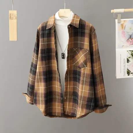 加绒加厚格子衬衫外套女2024秋冬韩版宽松港味复古毛呢磨毛衬衣冬图片