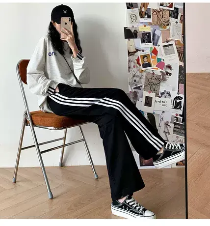 阔腿裤女高腰垂感春夏长裤侧条纹运动裤宽松休闲束脚显瘦直筒裤子图片