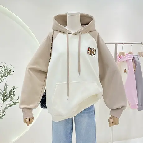 复古减龄插肩袖拼色连帽卫衣女春秋新款宽松卡通图案刺绣帽衫外套商品大图