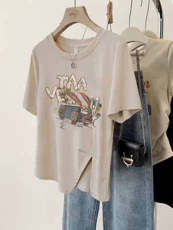 闺蜜T恤短袖女夏2023新款宽松不规则开叉设计感小众ins潮短款上衣商品大图