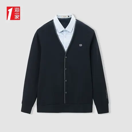 海一家保暖加绒毛衣2023冬季新款简约大方休闲男士双领针织衫商品大图