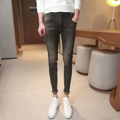 2023秋冬新款烫印字母修身小脚牛仔裤男潮流显瘦铅笔裤猫爪长裤子商品大图