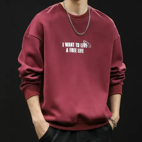 潮牌重磅卫衣男士春秋款圆领男款酒红色衣服春季2024新款长袖大码商品大图