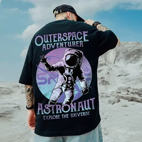 oversize潮牌加肥加大码男装国潮宽松短袖T恤宇航员胖子半袖潮流图片