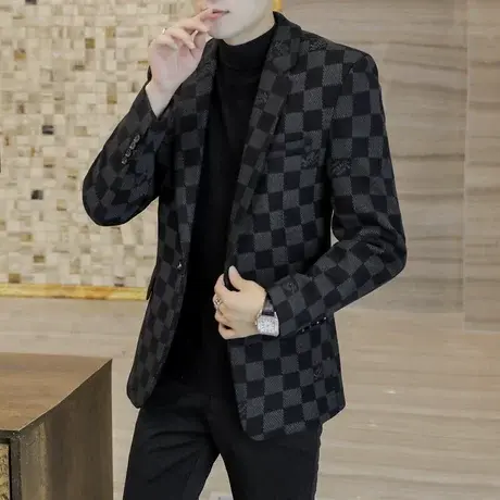 秋冬新款西装男外套韩版男士休闲格子毛呢小西服上衣潮高端加厚款商品大图