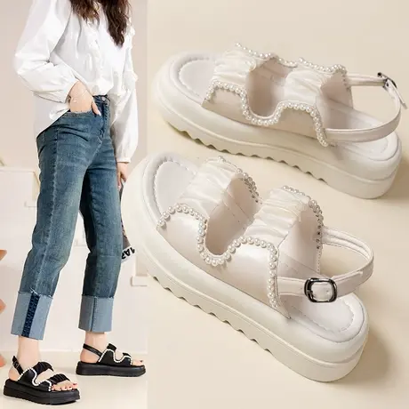 凉鞋女款2023年夏季新款时尚厚底百搭仙女风罗马鞋子珍珠女鞋ins图片