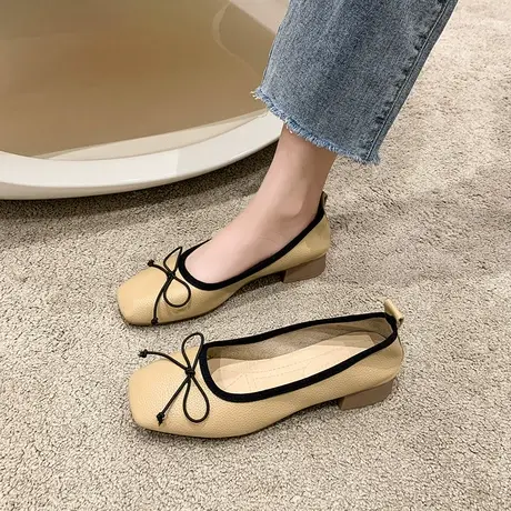 粗跟单鞋女夏2024新款百搭浅口软皮奶奶鞋低跟舒适软底黑色工作鞋商品大图