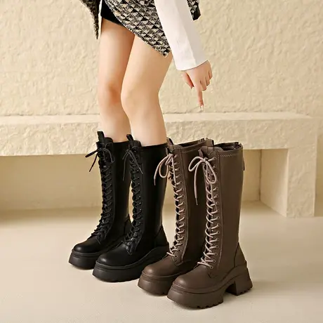 长筒靴女2023年春秋季新款复古英伦风小个子瘦瘦靴粗跟高跟骑士靴图片