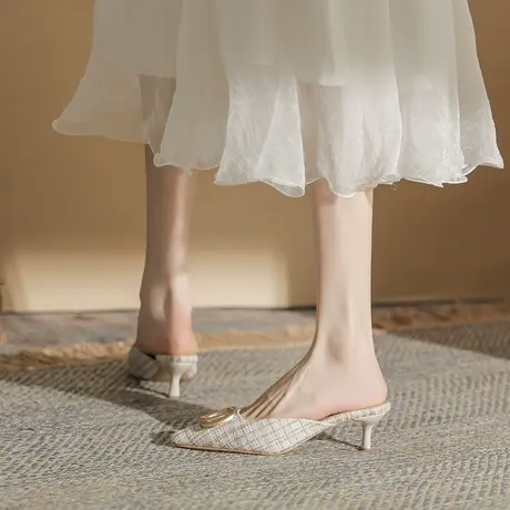 名媛风包头半拖鞋女2024年夏季新款性感外穿高跟鞋尖头细跟凉拖鞋图片