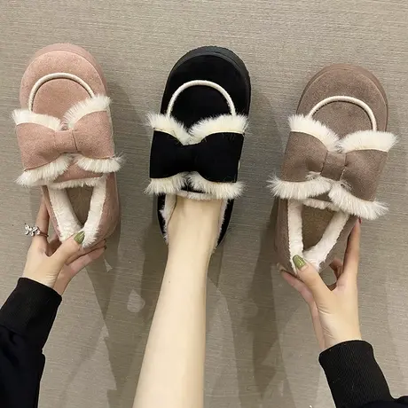 厚底棉拖鞋女冬季室内居家可爱蝴蝶结雪地靴加绒保暖包跟棉鞋外穿商品大图