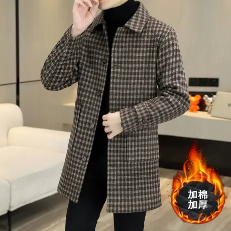 冬季男士毛呢大衣加棉加厚中长款冬装风衣日系格子加肥加大码外套图片