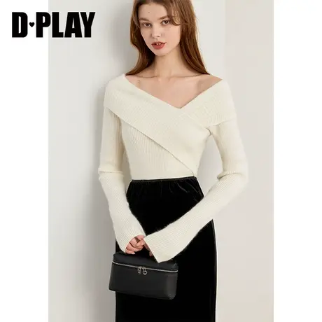 DPLAY春新法式风领口翻边捏褶杏色羊毛兔毛混纺针织衫上衣女图片