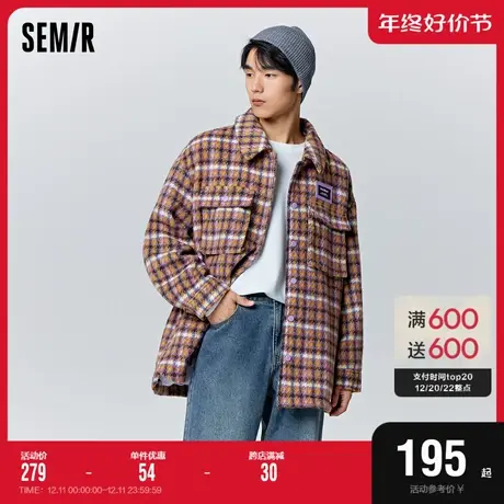 森马毛呢男冬季经典格纹中长款情侣上衣韩版时尚衬衫式宽松外套潮图片