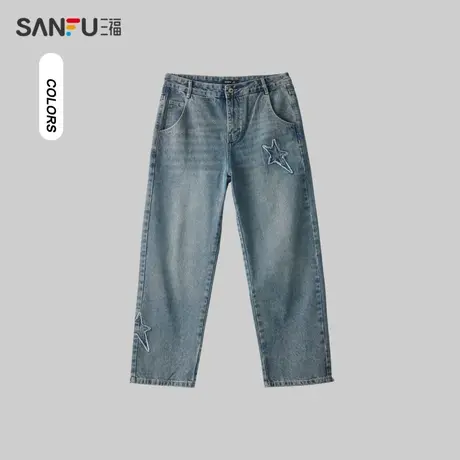 三福2024春季男士星星直筒牛仔裤 潮流休闲宽松长裤男481129商品大图