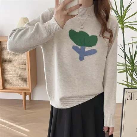 慵懒风卡通提花半高领毛衣女厚秋冬内搭减龄宽松韩版针织打底衫女商品大图