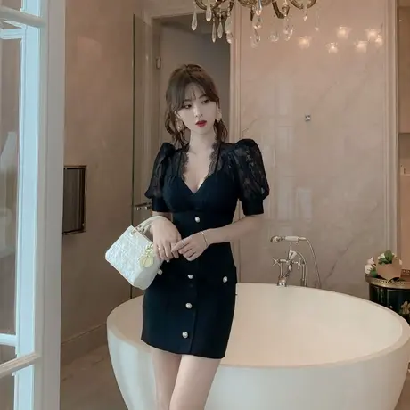赫本风性感修身短款包臀小晚礼服宴会小洋装名媛气质蕾丝连衣裙女商品大图