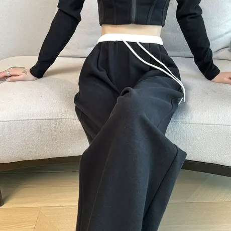美式黑色运动裤女2024年春秋新款高腰宽松休闲抽绳松紧腰阔腿卫裤商品大图