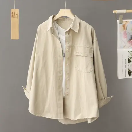 春季女士衬衫纯棉上衣外套休闲宽松大码单排扣纯色长袖开衫衬衣女图片