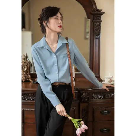 弥古法式v领蓝色衬衫高级感雪纺长袖外穿衬衣女秋设计感叠穿上衣商品大图