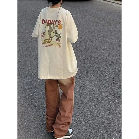 纯棉重磅美式复古短袖t恤女2023新款夏季宽松港味chic半袖上衣服商品大图