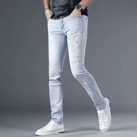 牛仔裤2024新款男夏季薄款浅蓝色修身小脚裤烫钻印花潮流男士裤子商品大图