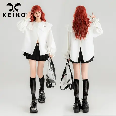 KEIKO 少女感蕾丝娃娃领白色长袖衬衫2024春夏洋气显瘦泡泡袖上衣商品大图