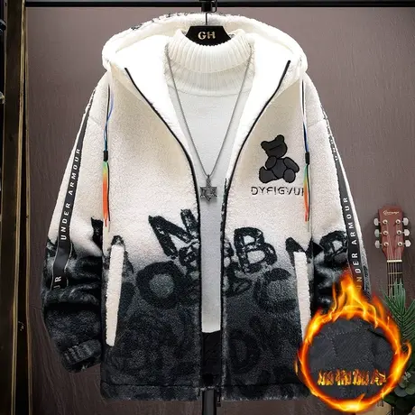 冬季男士棉衣连帽加绒加厚羊羔毛潮流青少年学生渐变色个性外套男图片