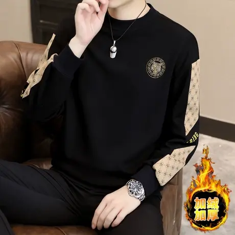 男士卫衣烫钻欧版秋冬季加绒加厚潮牌长袖打底衫百搭撞色拼接上衣商品大图