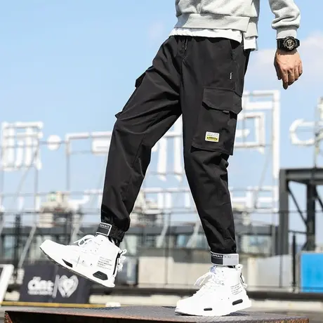 工装裤男潮牌束脚宽松春夏季裤子男韩版潮流薄款黑色休闲长裤男士商品大图