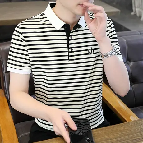 2024新款条纹翻领纯棉Polo衫男士上衣商务休闲青年衬衫领短袖T恤图片
