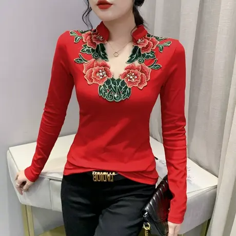 性感镂空V领时尚民族风女装重工刺绣T恤女长袖设计感洋气修身上衣商品大图