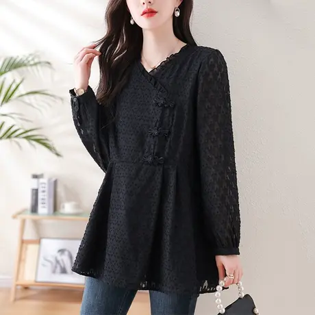 春秋长袖蕾丝衫宽松加大码女装胖妈妈休闲遮肚中长款显瘦衬衫上衣商品大图