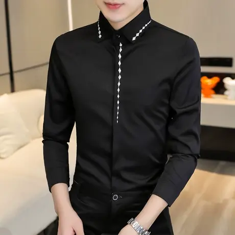 潮牌纯色长袖衬衫男士春秋季发型师百搭韩版衬衣帅气刺绣寸衫上衣商品大图