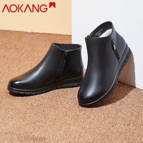 奥康棉鞋 女冬季新款加绒保暖防滑软底中老年妈妈棉鞋真皮短靴女商品大图