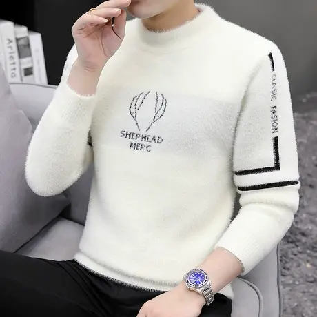 秋冬季水貂绒毛衣男半高领潮流帅气针织打底衫加绒加厚保暖上衣服图片