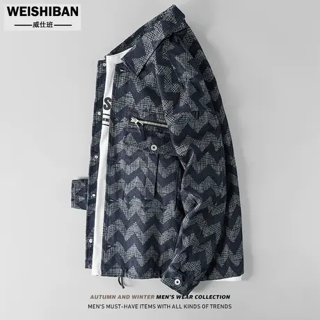 潮牌拉链设计感翻领牛仔外套男波浪纹色织提花秋冬季宽松痞帅夹克商品大图