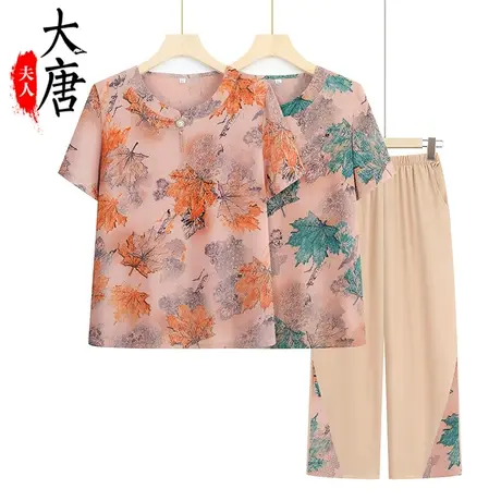 中老年女装夏款套装冰丝短袖套装2023夏季新款中式印花T恤两件套图片